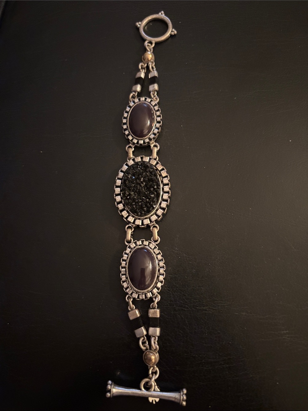 Silver-Tone Black Drossy Stone Oval Link Bracelet - Women's Jewelry